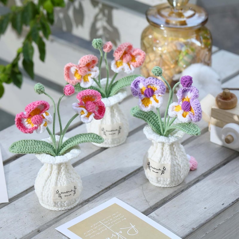 YOOJEE Valentines Day Crochet Flower Pot Gifts for Him Her Boyfriend Girlfriend Women Sister Mom Teacher Couples Wife Husband Coworker Birthday Wedding Handmade Knitted Purple Plant Cute Desk Decor - Image 3
